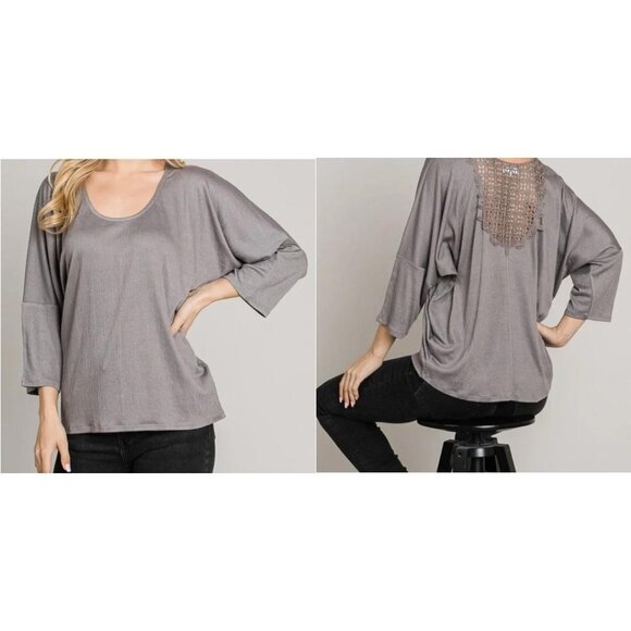 Lace Back Crinkle Knit Top – Soft Gray Relaxed Fit S M L Available - Picture 1 of 9